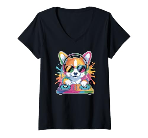 Damen Hund DJ an Turntables EDM Synthesizer Rave Music Cooles T-Shirt mit V-Ausschnitt von Techno Plattenspieler und Deejay Monkeys Outfits