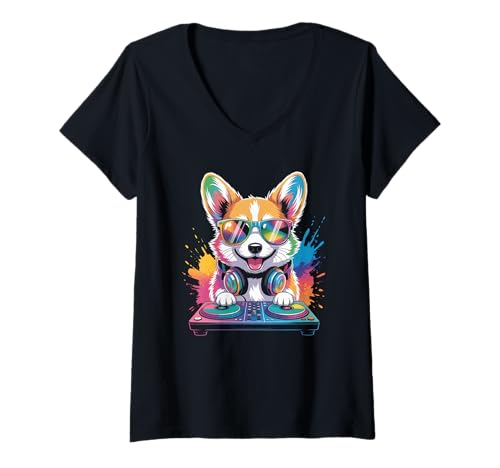 Damen Hund DJ an Turntables EDM Synthesizer Rave Music Cooles T-Shirt mit V-Ausschnitt von Techno Plattenspieler und Deejay Monkeys Outfits