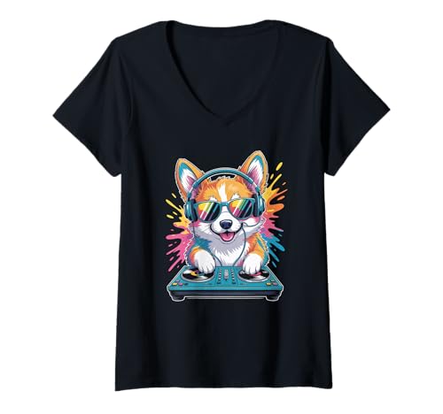 Damen Hund DJ an Turntables EDM Synthesizer Rave Music Cooles T-Shirt mit V-Ausschnitt von Techno Plattenspieler und Deejay Monkeys Outfits