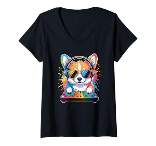 Damen Hund DJ an Turntables EDM Synthesizer Rave Music Cooles T-Shirt mit V-Ausschnitt von Techno Plattenspieler und Deejay Monkeys Outfits
