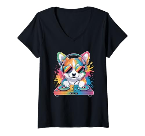 Damen Hund DJ an Turntables EDM Synthesizer Rave Music Cooles T-Shirt mit V-Ausschnitt von Techno Plattenspieler und Deejay Monkeys Outfits