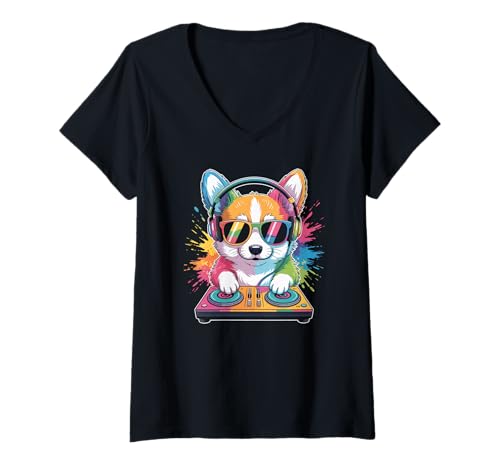 Damen Hund DJ an Turntables EDM Synthesizer Rave Music Cooles T-Shirt mit V-Ausschnitt von Techno Plattenspieler und Deejay Monkeys Outfits