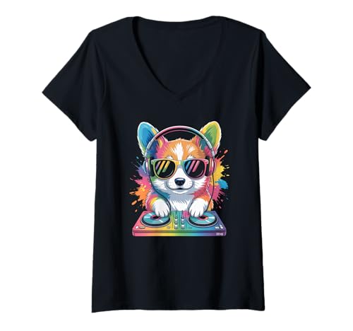 Damen Hund DJ an Turntables EDM Synthesizer Rave Music Cooles T-Shirt mit V-Ausschnitt von Techno Plattenspieler und Deejay Monkeys Outfits