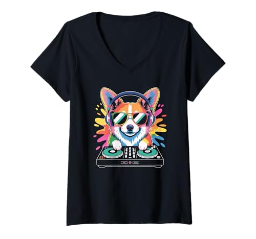 Damen Hund DJ an Turntables EDM Synthesizer Rave Music Cooles T-Shirt mit V-Ausschnitt von Techno Plattenspieler und Deejay Monkeys Outfits