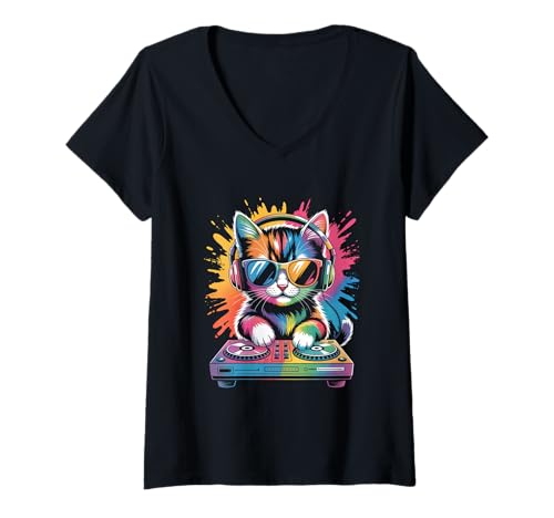 Damen Katze DJ an Turntables EDM Synthesizer Rave Music Cooles T-Shirt mit V-Ausschnitt von Techno Plattenspieler und Deejay Monkeys Outfits