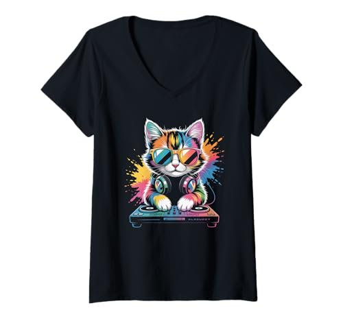 Damen Katze DJ an Turntables EDM Synthesizer Rave Music Cooles T-Shirt mit V-Ausschnitt von Techno Plattenspieler und Deejay Monkeys Outfits