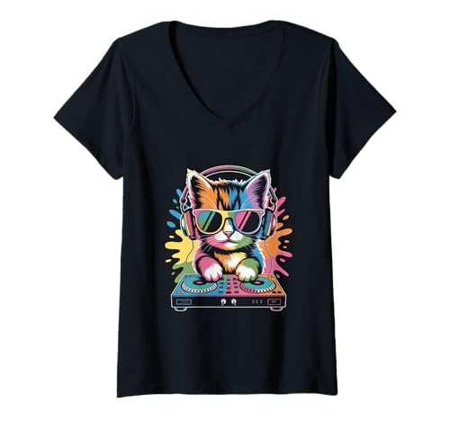 Damen Katze DJ an Turntables EDM Synthesizer Rave Music Cooles T-Shirt mit V-Ausschnitt von Techno Plattenspieler und Deejay Monkeys Outfits