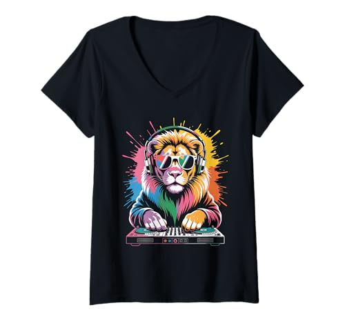 Damen Löwe DJ an Turntables EDM Synthesizer Rave Music Cooles T-Shirt mit V-Ausschnitt von Techno Plattenspieler und Deejay Monkeys Outfits