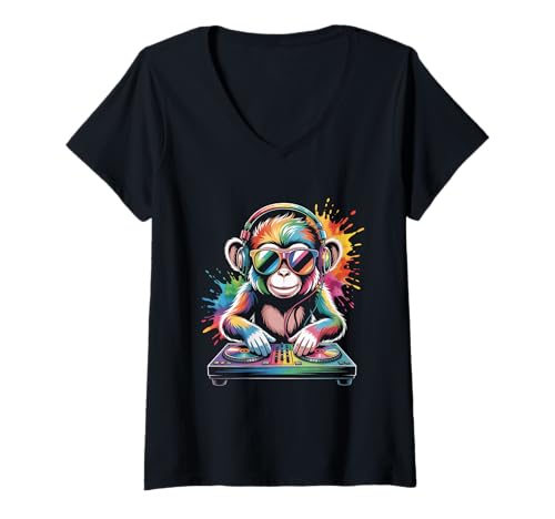 Damen Monkey DJ an Turntables EDM Synthesizer Rave Music Affen T-Shirt mit V-Ausschnitt von Techno Plattenspieler und Deejay Monkeys Outfits