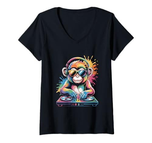 Damen Monkey DJ an Turntables EDM Synthesizer Rave Music Affen T-Shirt mit V-Ausschnitt von Techno Plattenspieler und Deejay Monkeys Outfits