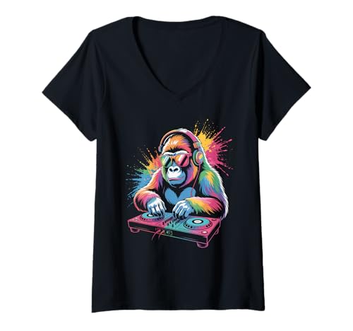 Damen Monkey DJ an Turntables EDM Synthesizer Rave Music Affen T-Shirt mit V-Ausschnitt von Techno Plattenspieler und Deejay Monkeys Outfits
