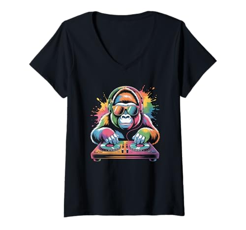 Damen Monkey DJ an Turntables EDM Synthesizer Rave Music Affen T-Shirt mit V-Ausschnitt von Techno Plattenspieler und Deejay Monkeys Outfits