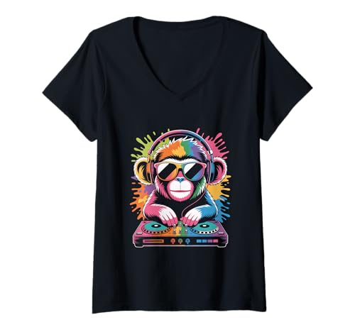 Damen Monkey DJ an Turntables EDM Synthesizer Rave Music Affen T-Shirt mit V-Ausschnitt von Techno Plattenspieler und Deejay Monkeys Outfits