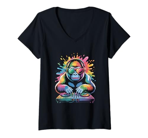 Damen Monkey DJ an Turntables EDM Synthesizer Rave Music Affen T-Shirt mit V-Ausschnitt von Techno Plattenspieler und Deejay Monkeys Outfits