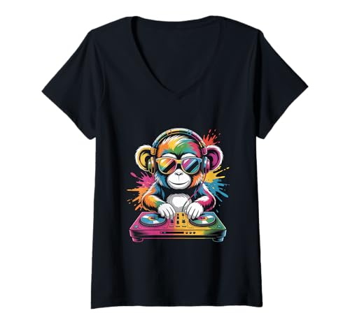 Damen Monkey DJ an Turntables EDM Synthesizer Rave Music Affen T-Shirt mit V-Ausschnitt von Techno Plattenspieler und Deejay Monkeys Outfits