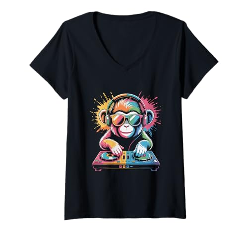 Damen Monkey DJ an Turntables EDM Synthesizer Rave Music Affen T-Shirt mit V-Ausschnitt von Techno Plattenspieler und Deejay Monkeys Outfits
