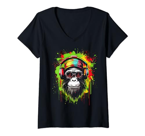 Damen Monkey DJ mit Kopfhörer und Sonnenbrille Disco Affe T-Shirt mit V-Ausschnitt von Techno Plattenspieler und Deejay Monkeys Outfits