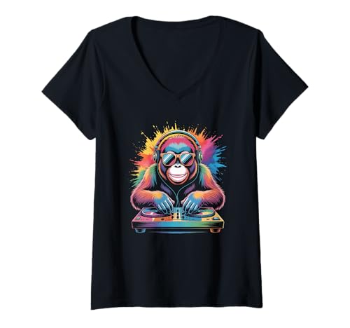Damen Orang Utan DJ an Turntables EDM Synthesizer Rave Music Affen T-Shirt mit V-Ausschnitt von Techno Plattenspieler und Deejay Monkeys Outfits