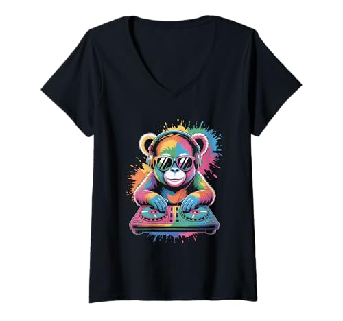 Damen Orang Utan DJ an Turntables EDM Synthesizer Rave Music Affen T-Shirt mit V-Ausschnitt von Techno Plattenspieler und Deejay Monkeys Outfits