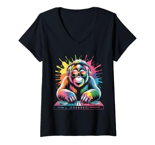 Damen Orang Utan DJ an Turntables EDM Synthesizer Rave Music Affen T-Shirt mit V-Ausschnitt von Techno Plattenspieler und Deejay Monkeys Outfits