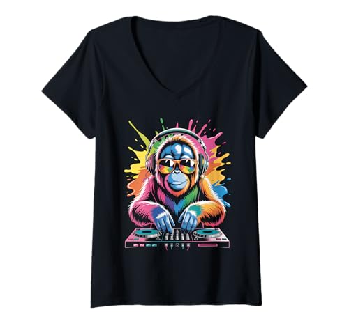 Damen Orang Utan DJ an Turntables EDM Synthesizer Rave Music Affen T-Shirt mit V-Ausschnitt von Techno Plattenspieler und Deejay Monkeys Outfits