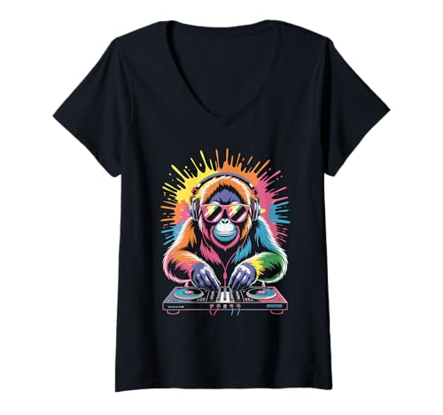 Damen Orang Utan DJ an Turntables EDM Synthesizer Rave Music Affen T-Shirt mit V-Ausschnitt von Techno Plattenspieler und Deejay Monkeys Outfits