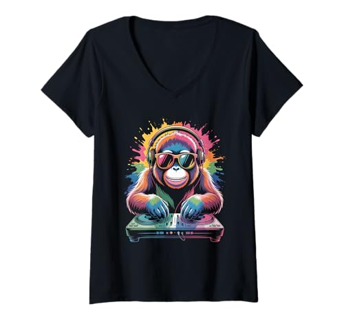 Damen Orang Utan DJ an Turntables EDM Synthesizer Rave Music Affen T-Shirt mit V-Ausschnitt von Techno Plattenspieler und Deejay Monkeys Outfits