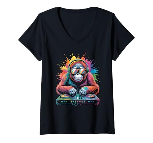 Damen Orang Utan DJ an Turntables EDM Synthesizer Rave Music Affen T-Shirt mit V-Ausschnitt von Techno Plattenspieler und Deejay Monkeys Outfits