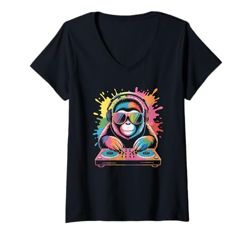 Damen Orang Utan DJ an Turntables EDM Synthesizer Rave Music Affen T-Shirt mit V-Ausschnitt von Techno Plattenspieler und Deejay Monkeys Outfits