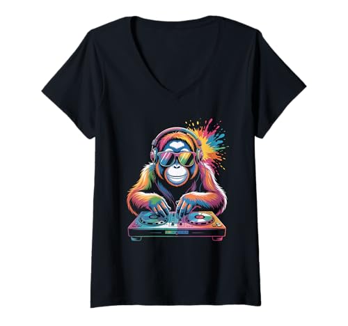 Damen Orang Utan DJ an Turntables EDM Synthesizer Rave Music Affen T-Shirt mit V-Ausschnitt von Techno Plattenspieler und Deejay Monkeys Outfits