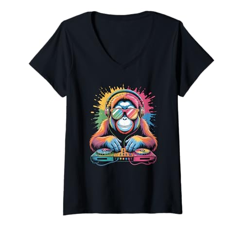 Damen Orang Utan DJ an Turntables EDM Synthesizer Rave Music Affen T-Shirt mit V-Ausschnitt von Techno Plattenspieler und Deejay Monkeys Outfits