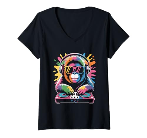 Damen Orang Utan DJ an Turntables EDM Synthesizer Rave Music Affen T-Shirt mit V-Ausschnitt von Techno Plattenspieler und Deejay Monkeys Outfits