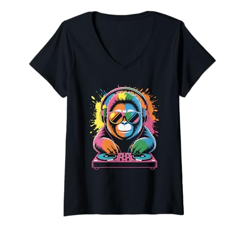 Damen Orang Utan DJ an Turntables EDM Synthesizer Rave Music Affen T-Shirt mit V-Ausschnitt von Techno Plattenspieler und Deejay Monkeys Outfits