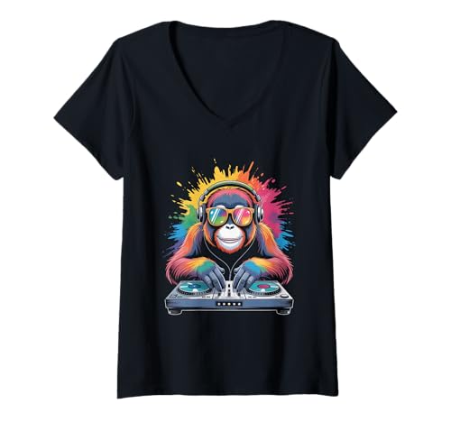 Damen Orang Utan DJ an Turntables EDM Synthesizer Rave Music Affen T-Shirt mit V-Ausschnitt von Techno Plattenspieler und Deejay Monkeys Outfits