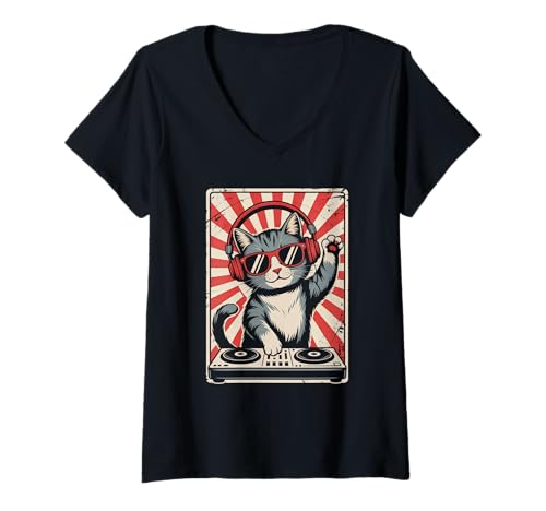 Damen Rot Weiße Katze DJ an Turntables EDM Synthesizer Rave Cooles T-Shirt mit V-Ausschnitt von Techno Plattenspieler und Deejay Monkeys Outfits