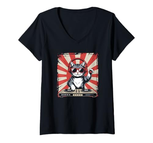 Damen Rot Weiße Katze DJ an Turntables EDM Synthesizer Rave Cooles T-Shirt mit V-Ausschnitt von Techno Plattenspieler und Deejay Monkeys Outfits