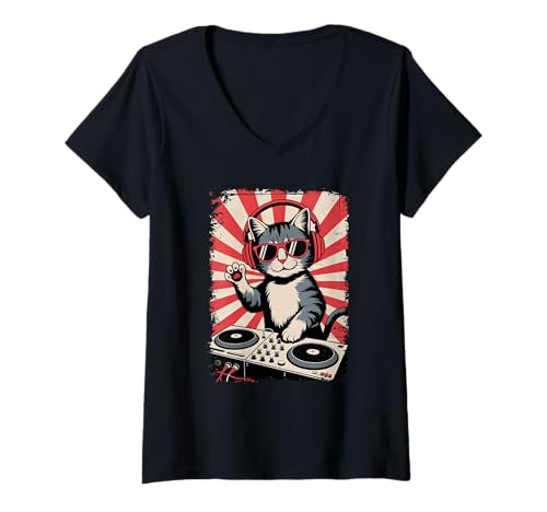 Damen Rot Weiße Katze DJ an Turntables EDM Synthesizer Rave Cooles T-Shirt mit V-Ausschnitt von Techno Plattenspieler und Deejay Monkeys Outfits