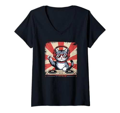 Damen Rot Weiße Katze DJ an Turntables EDM Synthesizer Rave Cooles T-Shirt mit V-Ausschnitt von Techno Plattenspieler und Deejay Monkeys Outfits