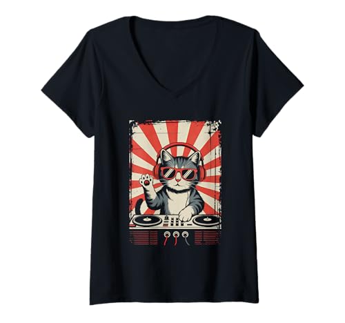 Damen Rot Weiße Katze DJ an Turntables EDM Synthesizer Rave Cooles T-Shirt mit V-Ausschnitt von Techno Plattenspieler und Deejay Monkeys Outfits