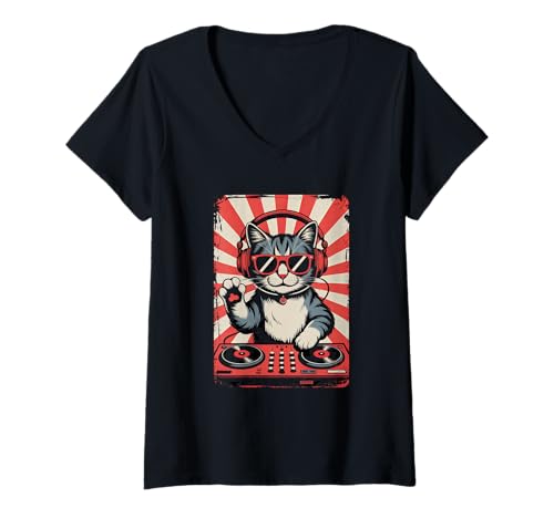 Damen Rot Weiße Katze DJ an Turntables EDM Synthesizer Rave Cooles T-Shirt mit V-Ausschnitt von Techno Plattenspieler und Deejay Monkeys Outfits