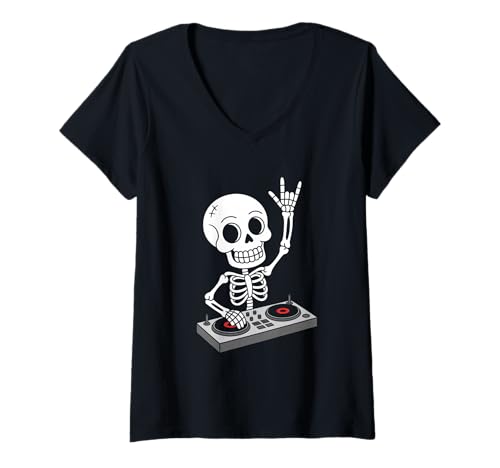 Damen Skelet DJ an Turntables EDM Synthesizer Rave Music Ghost T-Shirt mit V-Ausschnitt von Techno Plattenspieler und Deejay Monkeys Outfits