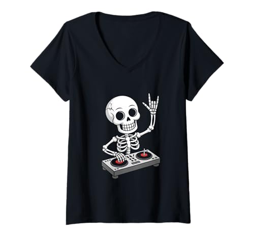 Damen Skelet DJ an Turntables EDM Synthesizer Rave Music Ghost T-Shirt mit V-Ausschnitt von Techno Plattenspieler und Deejay Monkeys Outfits
