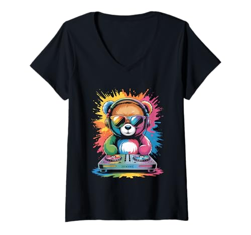 Damen Teddybär DJ an Turntables EDM Synthesizer Rave Music Ghost T-Shirt mit V-Ausschnitt von Techno Plattenspieler und Deejay Monkeys Outfits