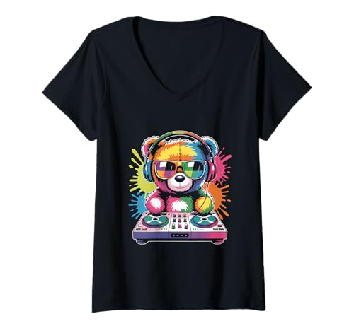 Damen Teddybär DJ an Turntables EDM Synthesizer Rave Music Ghost T-Shirt mit V-Ausschnitt von Techno Plattenspieler und Deejay Monkeys Outfits