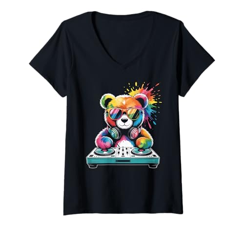 Damen Teddybär DJ an Turntables EDM Synthesizer Rave Music Ghost T-Shirt mit V-Ausschnitt von Techno Plattenspieler und Deejay Monkeys Outfits