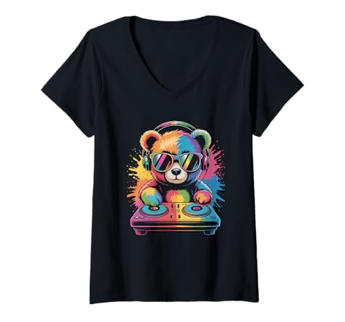 Damen Teddybär DJ an Turntables EDM Synthesizer Rave Music Ghost T-Shirt mit V-Ausschnitt von Techno Plattenspieler und Deejay Monkeys Outfits
