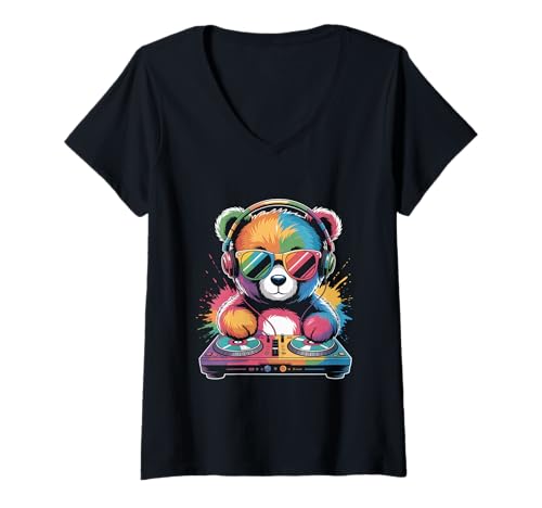 Damen Teddybär DJ an Turntables EDM Synthesizer Rave Music Ghost T-Shirt mit V-Ausschnitt von Techno Plattenspieler und Deejay Monkeys Outfits