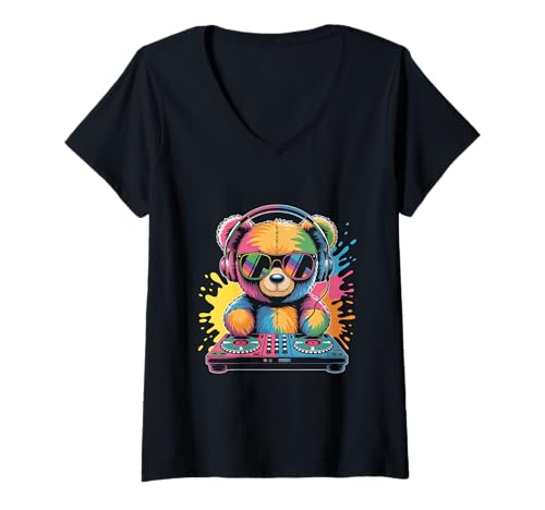 Damen Teddybär DJ an Turntables EDM Synthesizer Rave Music Ghost T-Shirt mit V-Ausschnitt von Techno Plattenspieler und Deejay Monkeys Outfits