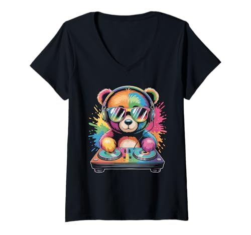 Damen Teddybär DJ an Turntables EDM Synthesizer Rave Music Ghost T-Shirt mit V-Ausschnitt von Techno Plattenspieler und Deejay Monkeys Outfits