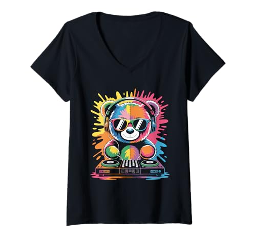 Damen Teddybär DJ an Turntables EDM Synthesizer Rave Music Ghost T-Shirt mit V-Ausschnitt von Techno Plattenspieler und Deejay Monkeys Outfits